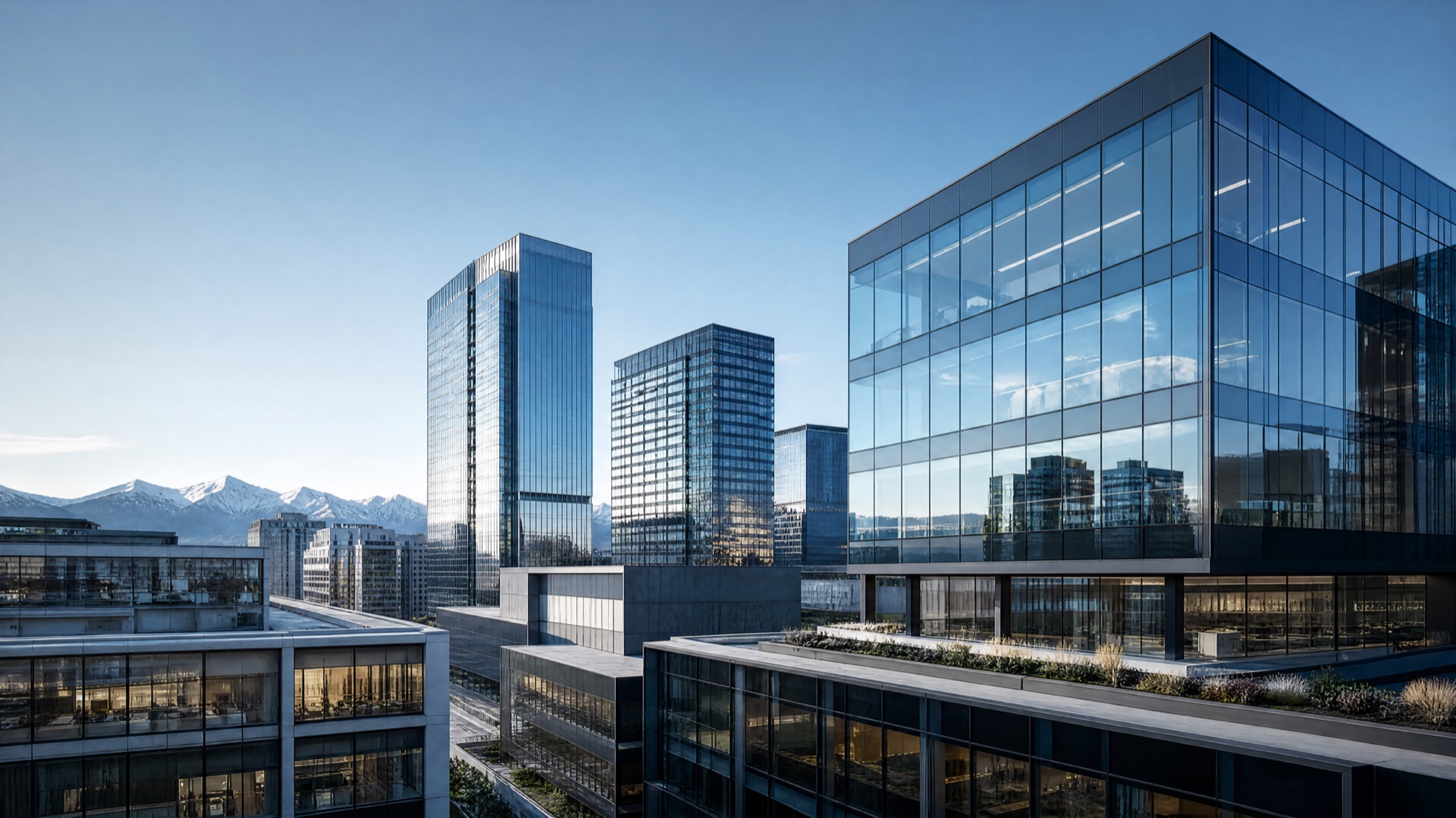 Commercial skyline with mountain-inspired performance line for Peak Energy Advisors