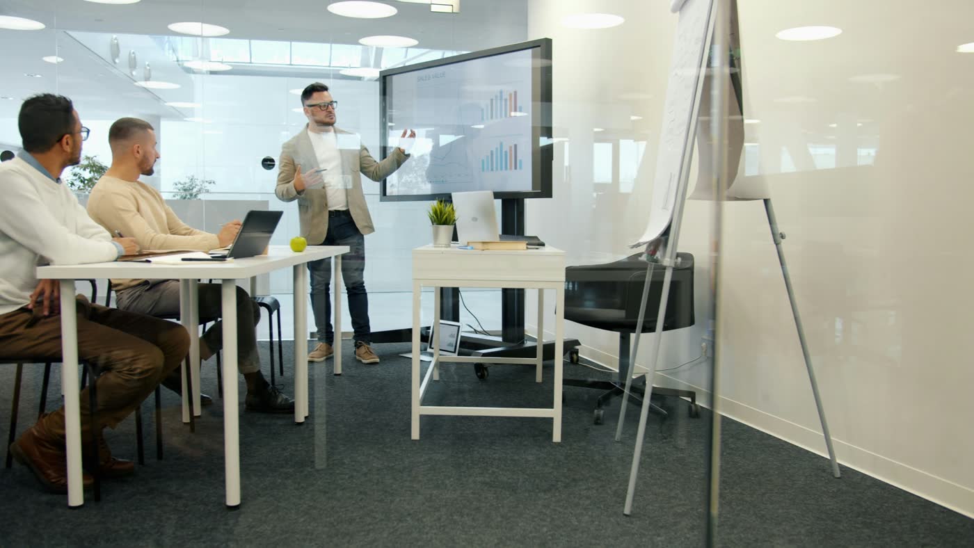 Professional presentation and review meeting in a modern office setting