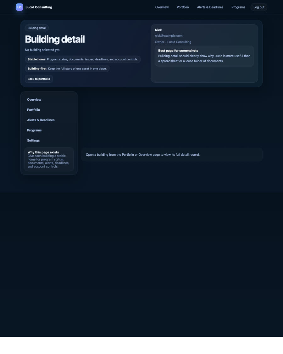 Example building-detail screen showing portfolio records, alerts, and deadlines